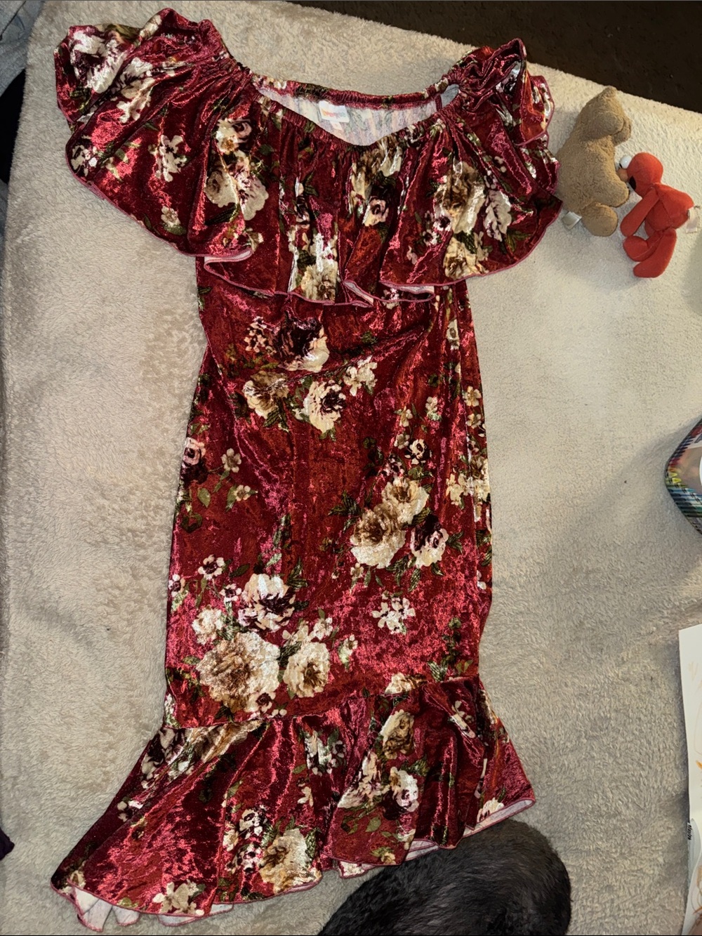 Floral Velvet Off-Shoulder Dress - Wine Red